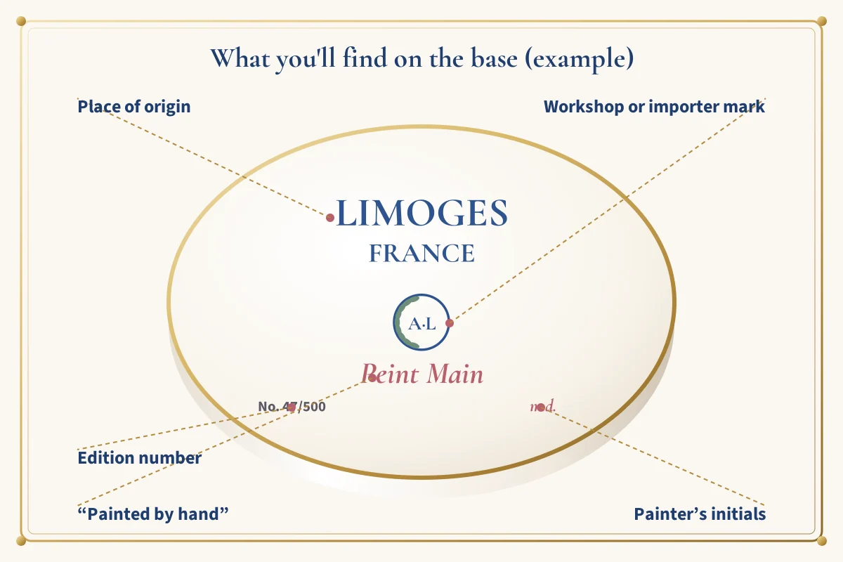 Diagram of the underside of a box with example marks: Limoges France, a workshop emblem, Peint Main, painter's initials and an edition number.