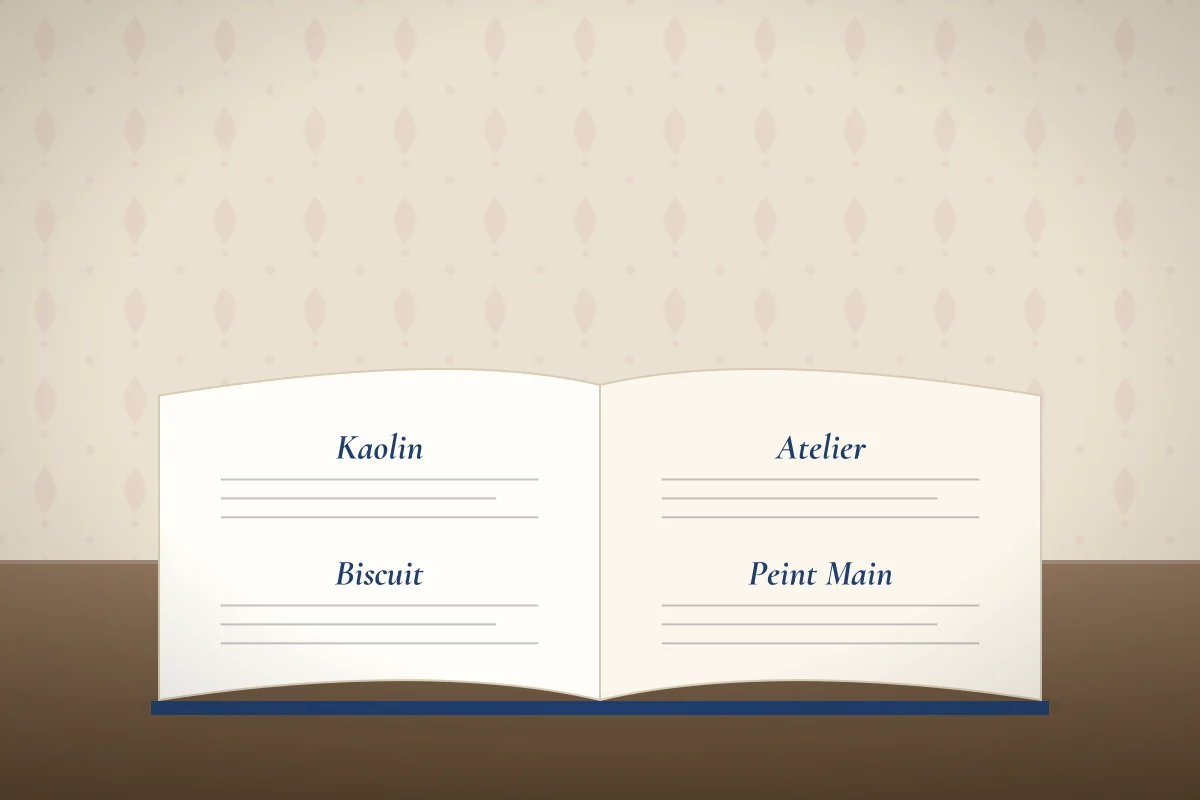 An open book with the words Kaolin, Biscuit, Atelier and Peint Main.