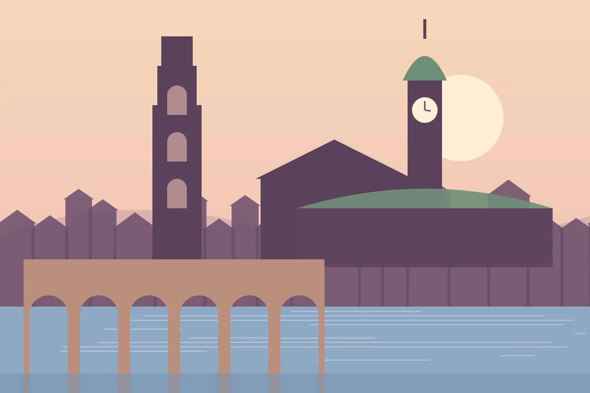 Stylized skyline of Limoges at dusk: a gothic cathedral tower, a stone bridge over the river and a railway station clock tower.