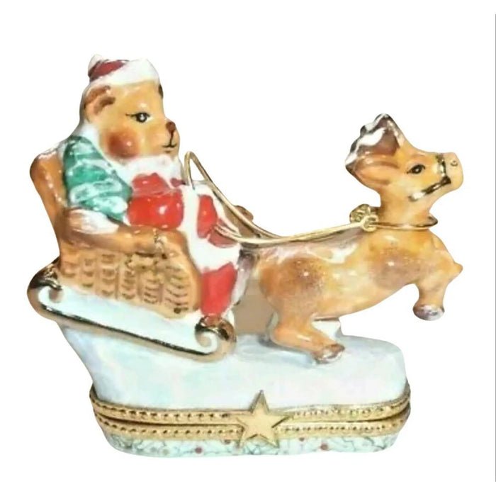 Teddy bear Santa in a sleigh, a hand-painted Limoges porcelain box