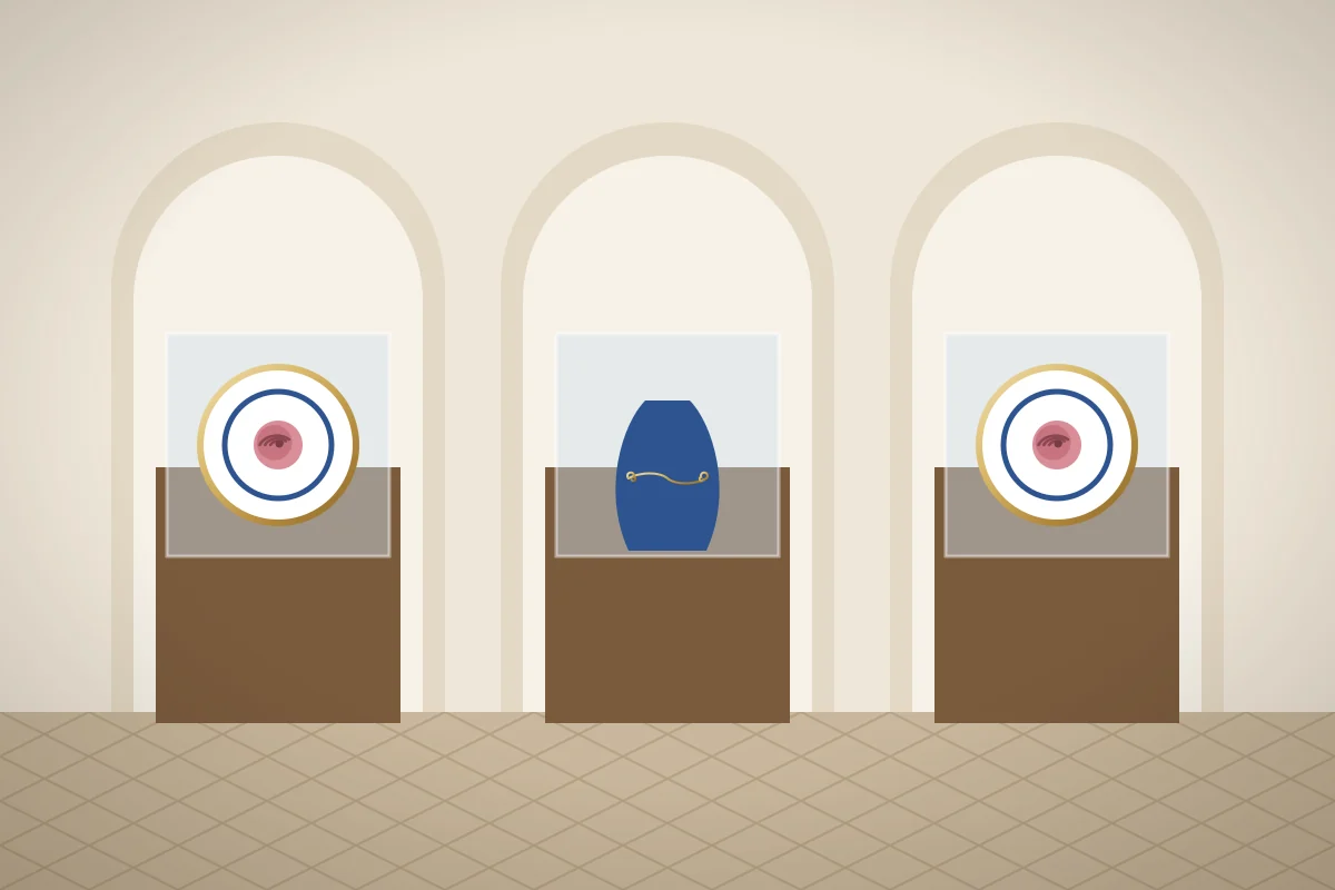 An arched museum gallery with display cases holding porcelain plates and a cobalt blue vase.