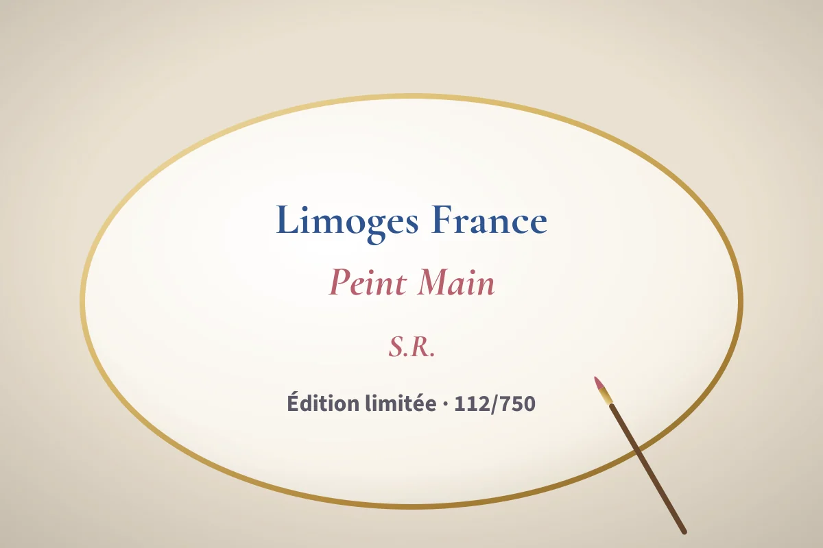 Close-up of a box base with Limoges France, Peint Main, a painter's initials and a limited-edition number.