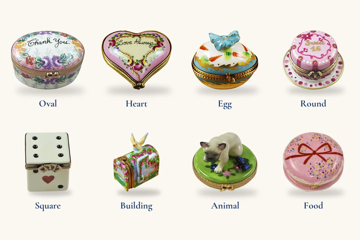 Real Limoges boxes labeled by shape: oval, heart, egg, round, square, building, animal and food.