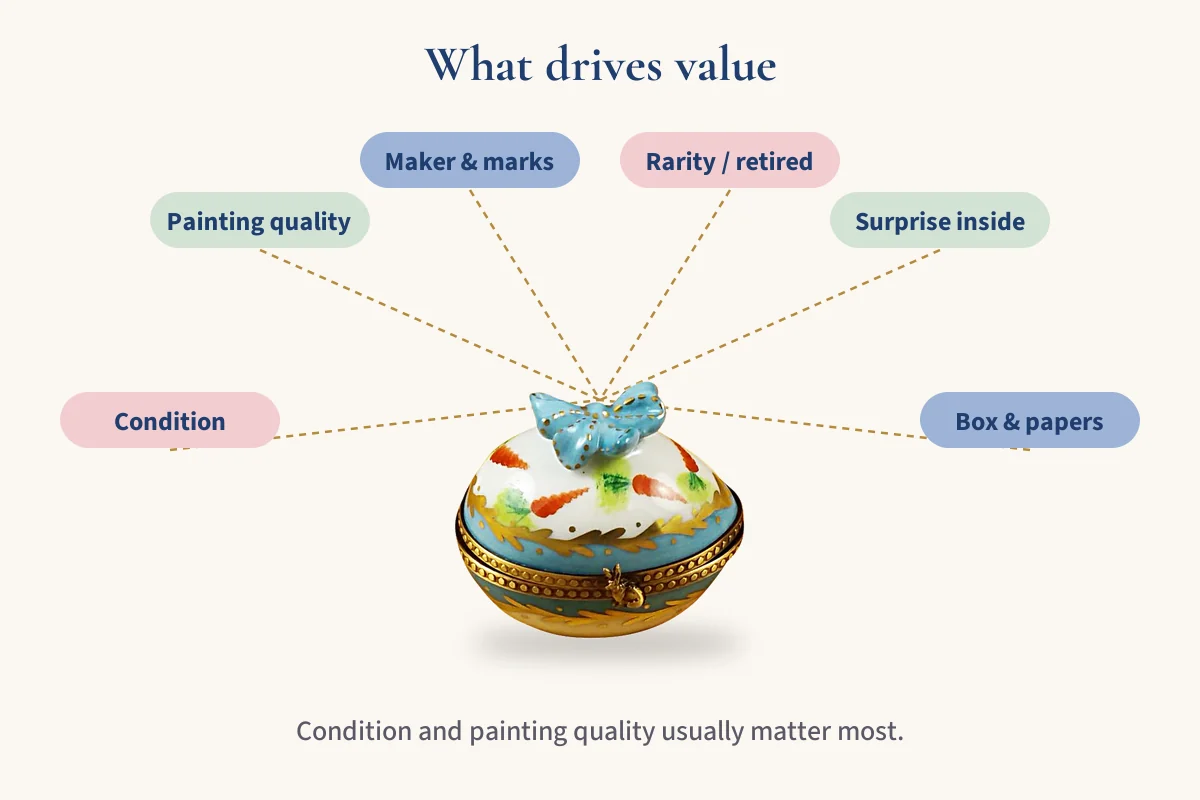 Diagram of six value factors around a painted egg box: condition, painting quality, maker and marks, rarity, surprise inside, box and papers.